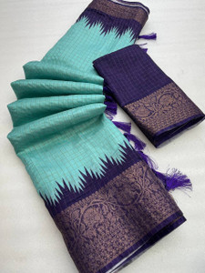 SILKORA Digital Print, Temple Border, Woven Chanderi Cotton Blend Saree