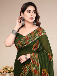 BilloRani Printed, Solid/Plain, Floral Print, Geometric Print Bollywood Chiffon, Georgette Saree