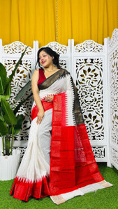 Rnn Saree Striped, Woven, Temple Border Handloom Pure Cotton Saree