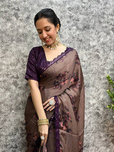 SILKORA Floral Print Bollywood Satin Saree