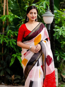 Ridham Printed, Geometric Print Jamdani Cotton Blend Saree