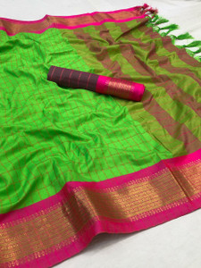 RUHKRUSH Checkered, Woven, Embellished, Self Design Gadwal Cotton Silk, Jacquard Saree