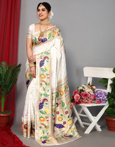 Samah Woven, Embellished, Self Design Paithani Silk Blend, Jacquard Saree