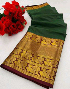 RUHKRUSH Self Design, Embellished, Woven, Checkered Dharmavaram Muslin Saree