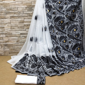 DURGA TEXTILE Woven, Printed, Self Design, Embellished, Floral Print, Blocked Printed Jamdani Cotton Blend, Jacquard Saree
