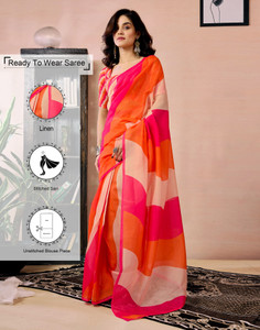 Samah Floral Print, Geometric Print, Printed Daily Wear Linen Saree