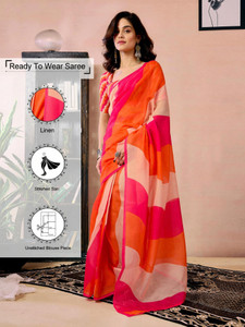 Samah Floral Print, Geometric Print, Printed Daily Wear Linen Saree