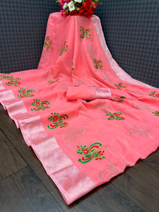 KRIVITY Embroidered Chanderi Cotton Linen Saree