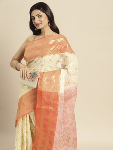Desh Bidesh Embroidered, Woven, Printed, Floral Print Handloom Handloom Georgette, Cotton Blend Saree
