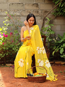 WINKLECART Printed Handloom Handloom Mulmul, Cotton Linen Saree