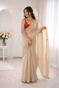 Navantika Solid/Plain, Embroidered, Embellished Bollywood Satin Saree