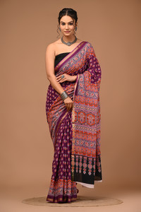 LOVWEAR Printed, Blocked Printed, Self Design, Hand Painted Ikkat Pure Cotton Saree