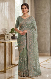 GEZREL Embroidered Bollywood Organza Saree