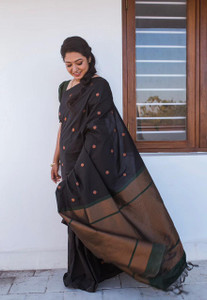 WILLMAKE Self Design, Color Block, Temple Border, Geometric Print, Striped, Woven, Solid/Plain Kanjivaram Jacquard, Art Silk Saree