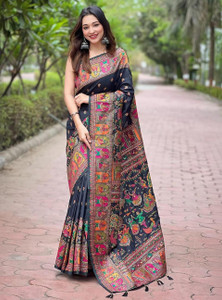 LIEBESGEWAND Woven, Floral Print Banarasi Semi-Pashmina Saree