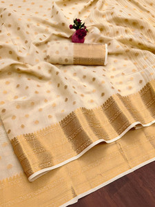 MUSHAK Woven, Temple Border, Striped, Floral Print, Solid/Plain Gadwal Cotton Silk Saree