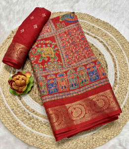 RegalDrapes Printed Kalamkari Silk Blend, Jacquard Saree