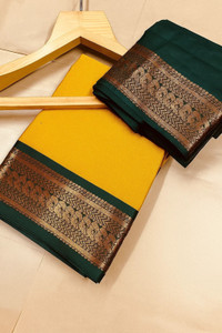 VILLAGIUS Embellished, Floral Print, Printed, Self Design, Temple Border, Solid/Plain, Woven Kanjivaram Cotton Silk, Art Silk Saree