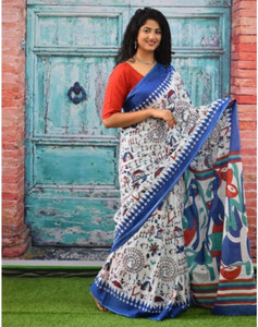 SUNDREESAREE Blocked Printed, Color Block, Floral Print, Printed Ikkat Pure Cotton Saree