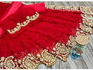 SkyFlock Embroidered, Embellished Bollywood Net Saree
