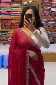 ShiVAdit Ethnic Embroidered Banarasi Georgette, Chiffon Saree