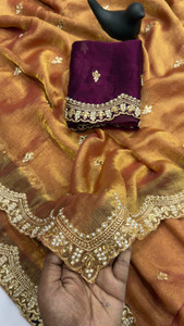 sadika Embroidered, Embellished Bollywood Chiffon, Pure Silk Saree