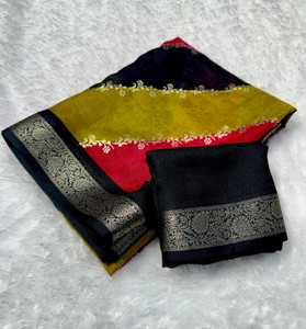 Lyrox Fashion Striped, Printed, Color Block Mysore Silk Blend Saree