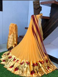 Hensi sarees shop Floral Print Kasavu Lycra Blend, Chiffon Saree