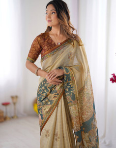 Satrani Floral Print, Woven, Embellished Kalamkari Linen Saree