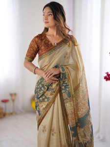 Satrani Floral Print, Woven, Embellished Kalamkari Linen Saree