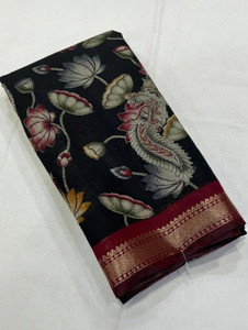 SVPrints Hand Painted, Paisley, Printed Kalamkari Mulmul, Cotton Silk Saree