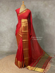 Semi Kanjivaram Silk Saree Temple Border, Striped Kanjivaram Silk Blend Saree