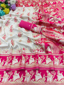 KanjiQueen Embellished Baluchari Silk Blend, Pure Silk Saree