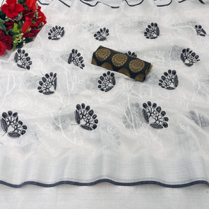 KRIVITY Embroidered Bollywood Cotton Linen, Chanderi Saree