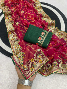 Kstabhanjan Embroidered, Printed Bandhani Georgette Saree