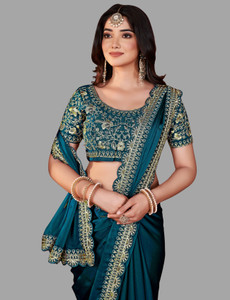 DHARMEE Embroidered Bollywood Silk Blend, Lace Saree