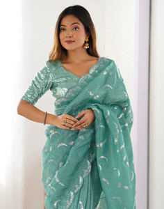 Satrani Embroidered, Embellished Bollywood Tissue Saree