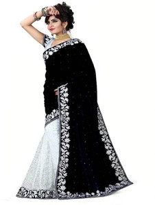 Dhyey Fashion Solid/Plain Bollywood Velvet, Net Saree
