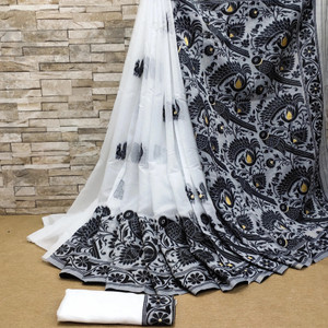 DURGA TEXTILE Woven, Printed, Self Design, Embellished, Floral Print, Blocked Printed Jamdani Cotton Blend, Jacquard Saree