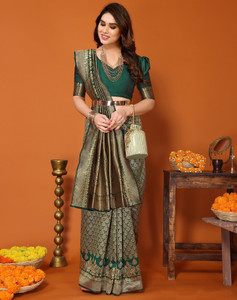 YASHIKA Printed, Self Design Banarasi Cotton Silk, Jacquard Saree