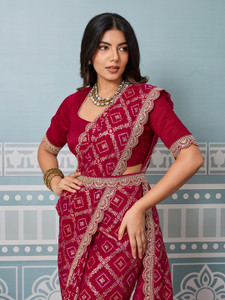Pbs Prints Printed, Embellished Bandhani Silk Blend Saree