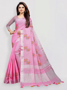 ALAGINI Embroidered, Floral Print Bollywood Cotton Linen, Pure Cotton Saree