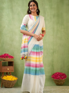 SAPTAK FASHION Solid/Plain Handloom Cotton Blend Saree