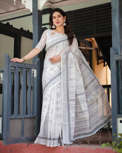 ALMAARI FASHION डिजिटल प्रिंट भागलपुरी कॉटन ब्लेंड साड़ी