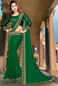 HNC Retail Temple Border, Solid/Plain Bollywood Lycra Blend, Chiffon Saree