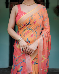 ALMAARI FASHION डिजिटल प्रिंट कांजीवरम कॉटन लिनेन साड़ी