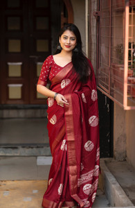 TINA SAREES Blocked Printed, Hand Painted Hand Batik Cotton Silk Saree