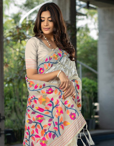 Satrani Woven, Self Design, Embellished Handloom Pure Cotton Saree