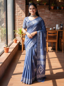 Furuux Enterprise Floral Print, Geometric Print, Printed Ikkat Pure Cotton Saree