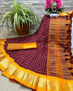 RUHKURSH Checkered Chettinadu Cotton Silk, Jacquard Saree